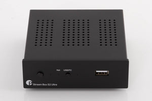 Front view of a used Project Streambox S2 Ultra Network Streamer in a Black finish showing USB Input