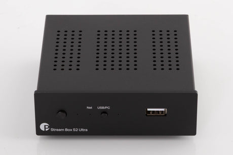 Front view of a used Project Streambox S2 Ultra Network Streamer in a Black finish showing USB Input