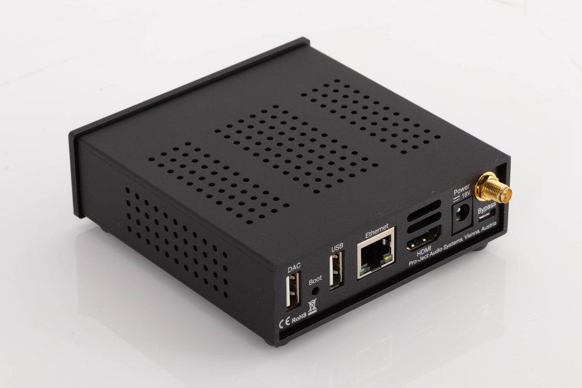 Rear right corner of a used Project Streambox S2 Ultra Network Streamer in a Black finish