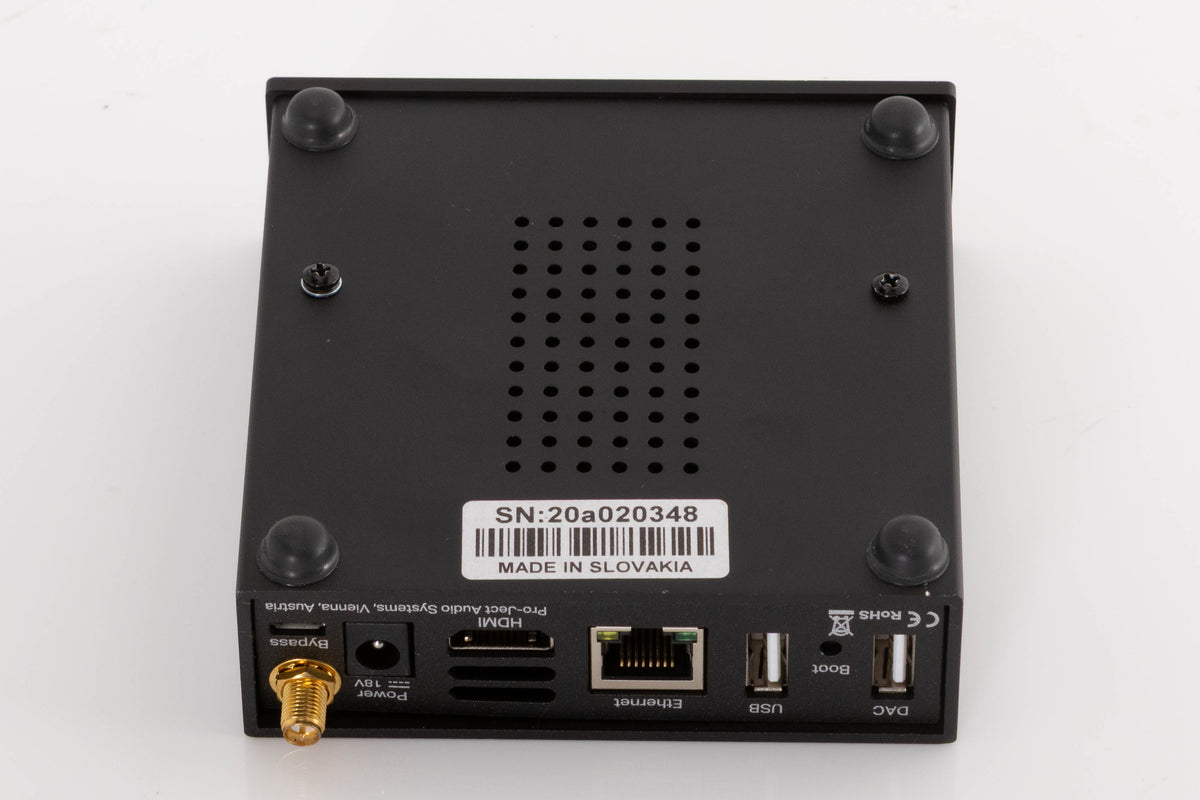 Underside of a used Project Streambox S2 Ultra Network Streamer in a Black finish