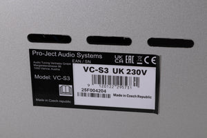 Close up of a used Project VC-S3 Record Cleaning Machine in a Silver finish showing serial number