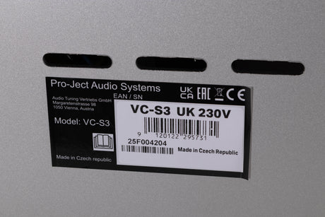 Close up of a used Project VC-S3 Record Cleaning Machine in a Silver finish showing serial number