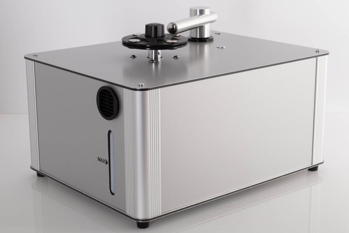 Front left corner of a used Project VC-S3 Record Cleaning Machine in a Silver finish