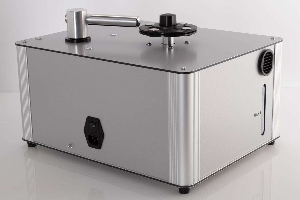 Rear left corner of a used Project VC-S3 Record Cleaning Machine in a Silver finish