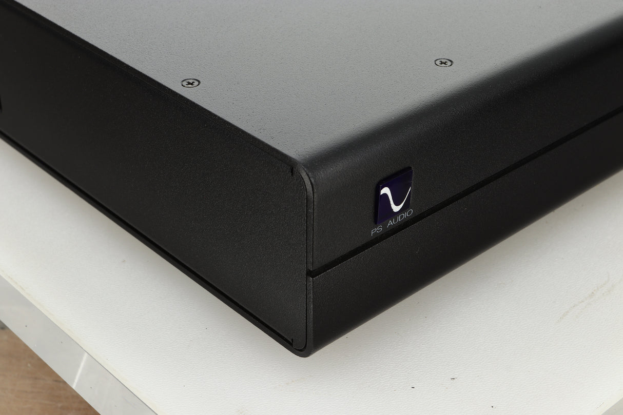 Front left corner view of a used PS Audio Stellar Strata Mk1 Integrated Amplifier in black finish 