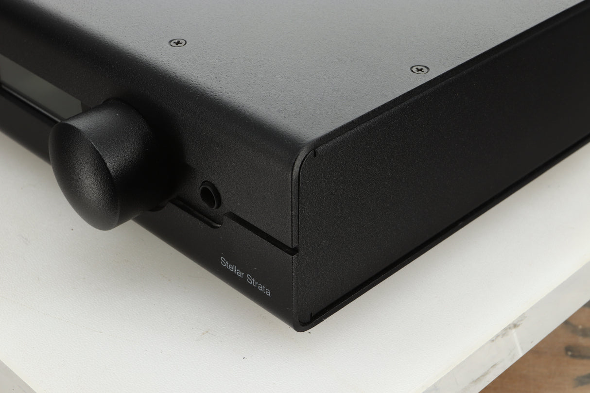 Front right corner view of a used PS Audio Stellar Strata Mk1 Integrated Amplifier in black finish 
