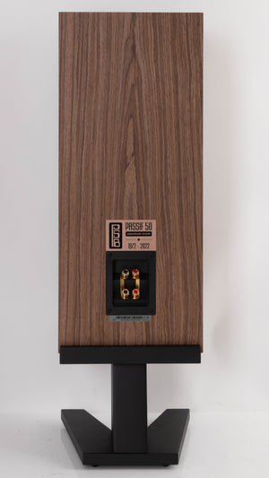 Rear view of a used PSB Passif-50 Anniversary Edition Standmount Speaker in a Walnut finish