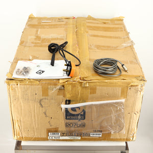 Box for a used Q Acoustics 2070si Subwoofer in a black finish showing Power Cable, Interconnect Cable, Manual and 4x Feet