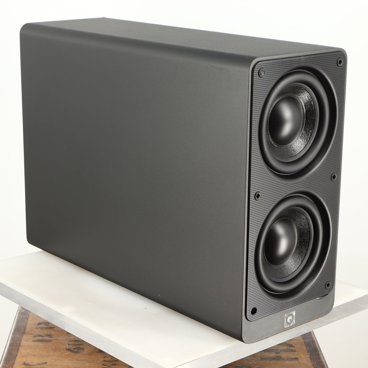 Front left corner of a used Q Acoustics 2070si Subwoofer in a black finish