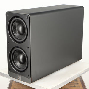 Front right corner of a used Q Acoustics 2070si Subwoofer in a black finish