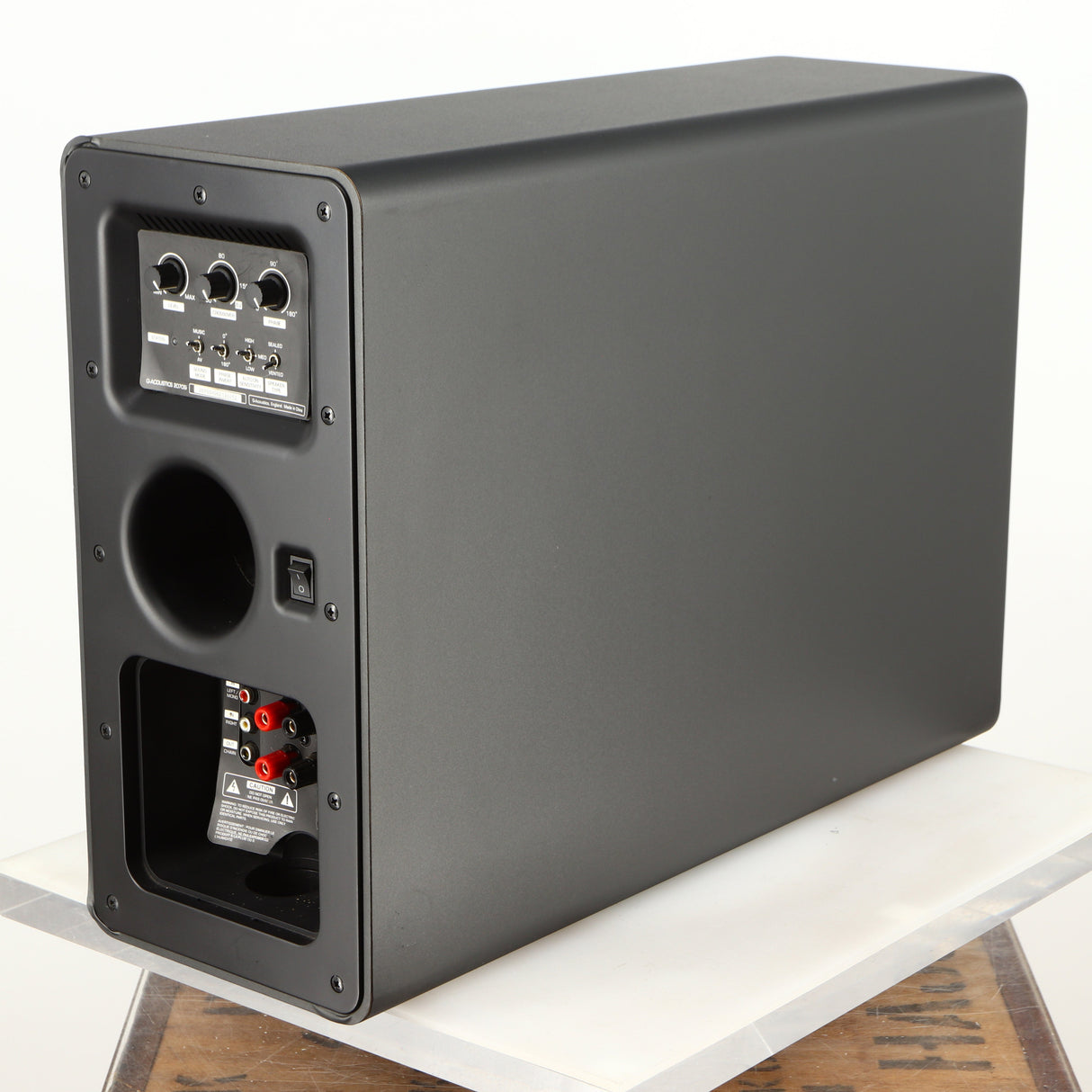 Rear left corner of a used Q Acoustics 2070si Subwoofer in a black finish