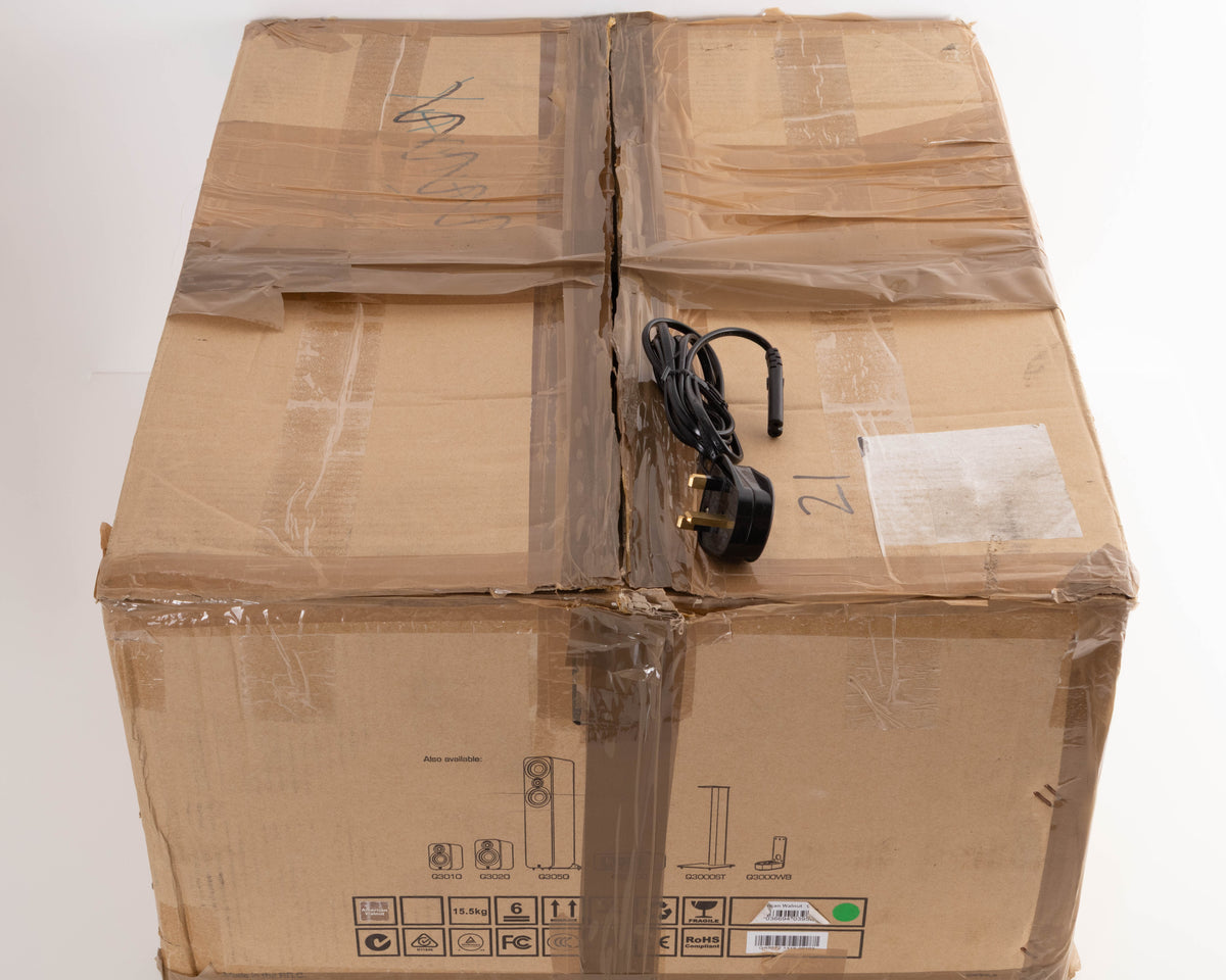 Box for a used Q Acoustics 3070S Subwoofer in a American Walnut finish showing Power Cable
