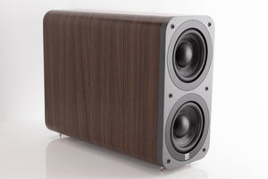 Front left corner of a used Q Acoustics 3070S Subwoofer in a American Walnut finish