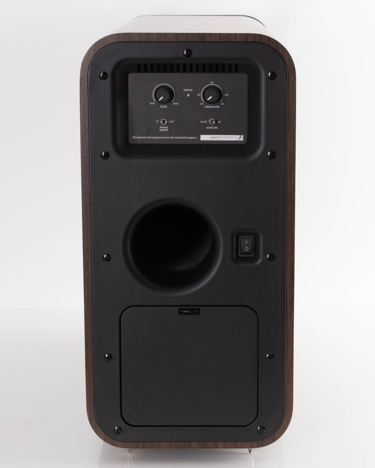 Rear view of a used Q Acoustics 3070S Subwoofer in a American Walnut finish