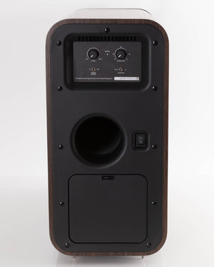 Rear view of a used Q Acoustics 3070S Subwoofer in a American Walnut finish