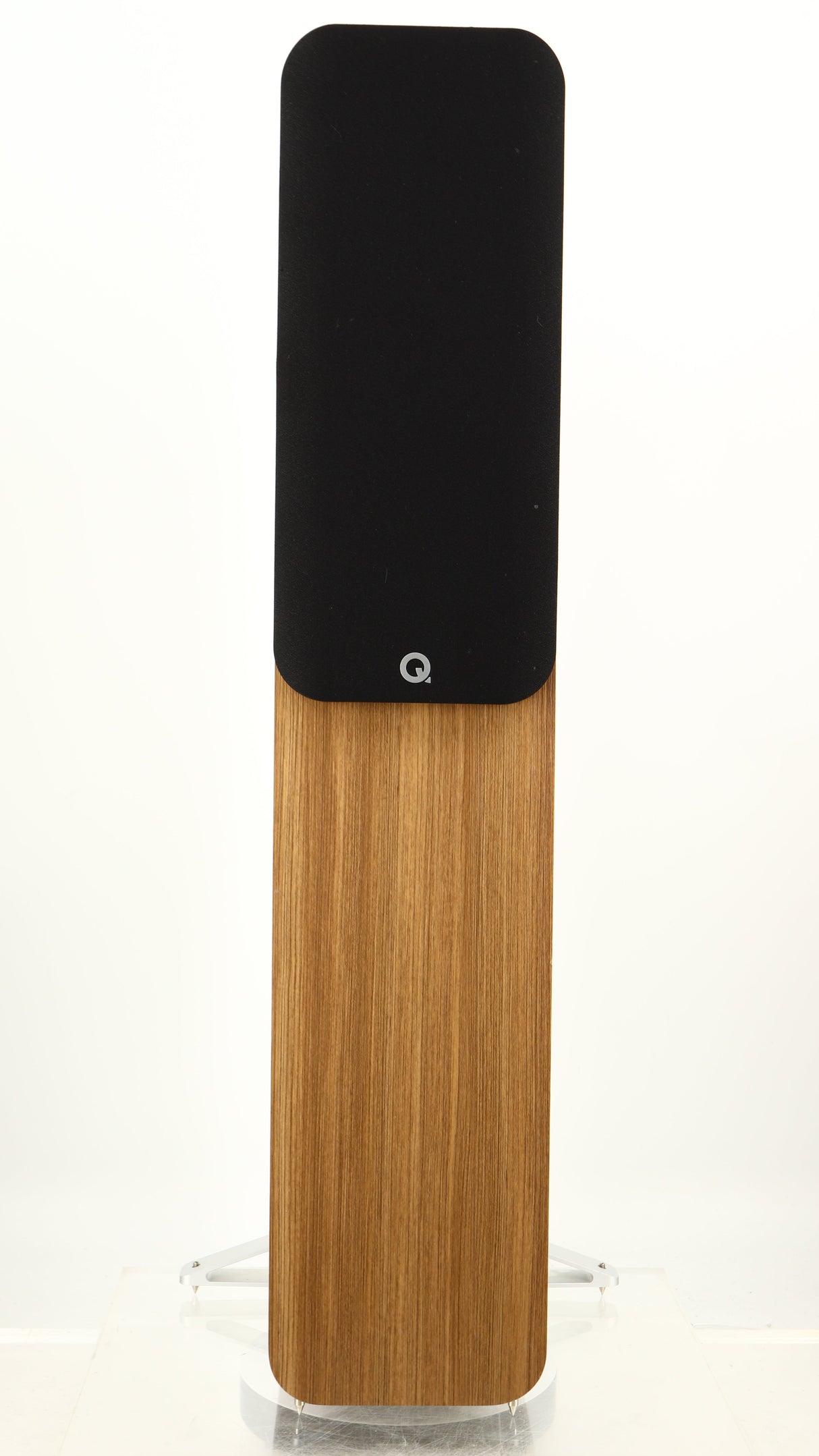 Front view of a used Q Acoustics 5050 Floorstanding Speaker in an oak finish showing Grille