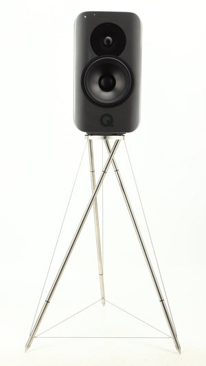 Front view of a used Q Acoustics Concept 300 Standmount Speaker W/ Stand in a black finish