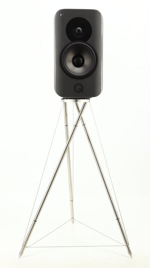 Front view of a used Q Acoustics Concept 300 Standmount Speaker W/ Stand in a black finish