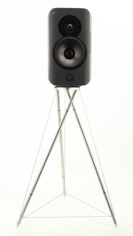 Front view of a used Q Acoustics Concept 300 Standmount Speaker W/ Stand in a black finish