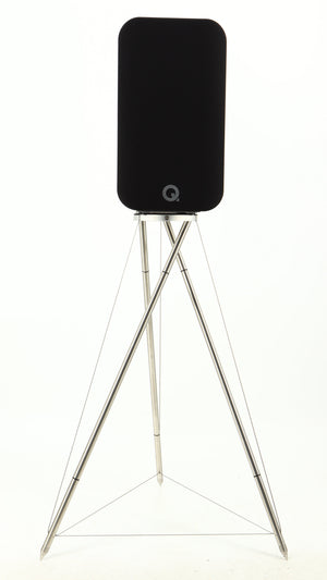 Front view of a used Q Acoustics Concept 300 Standmount Speaker W/ Stand in a black finish showing Grille