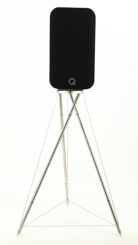 Front view of a used Q Acoustics Concept 300 Standmount Speaker W/ Stand in a black finish showing Grille