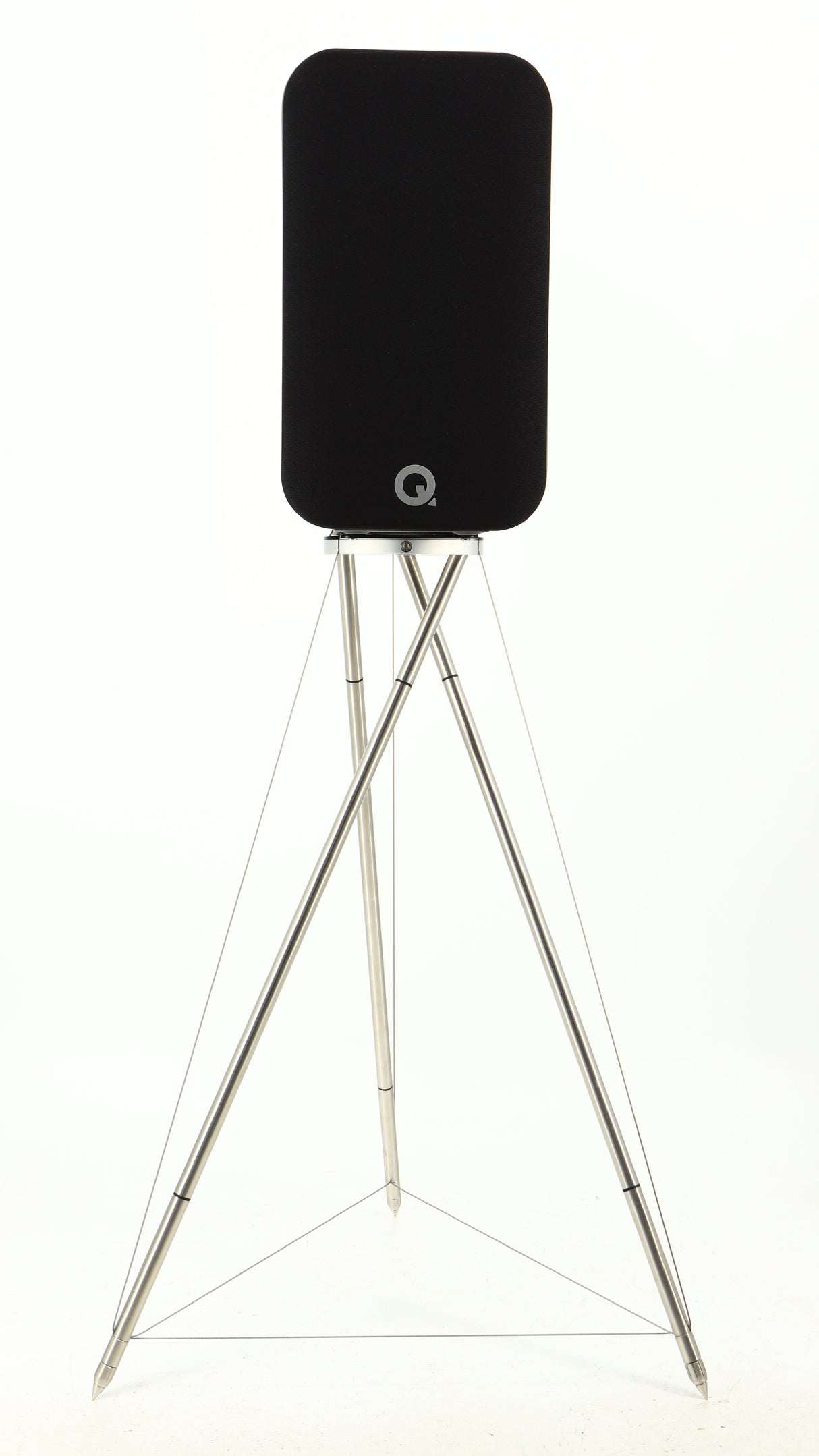 Front view of a used Q Acoustics Concept 300 Standmount Speaker W/ Stand in a black finish showing Grille