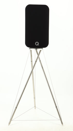 Front view of a used Q Acoustics Concept 300 Standmount Speaker W/ Stand in a black finish showing Grille