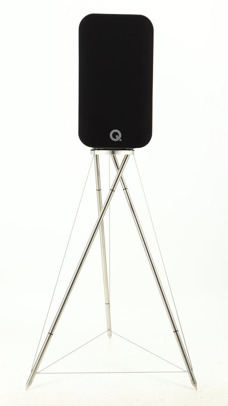 Front view of a used Q Acoustics Concept 300 Standmount Speaker W/ Stand in a black finish showing Grille