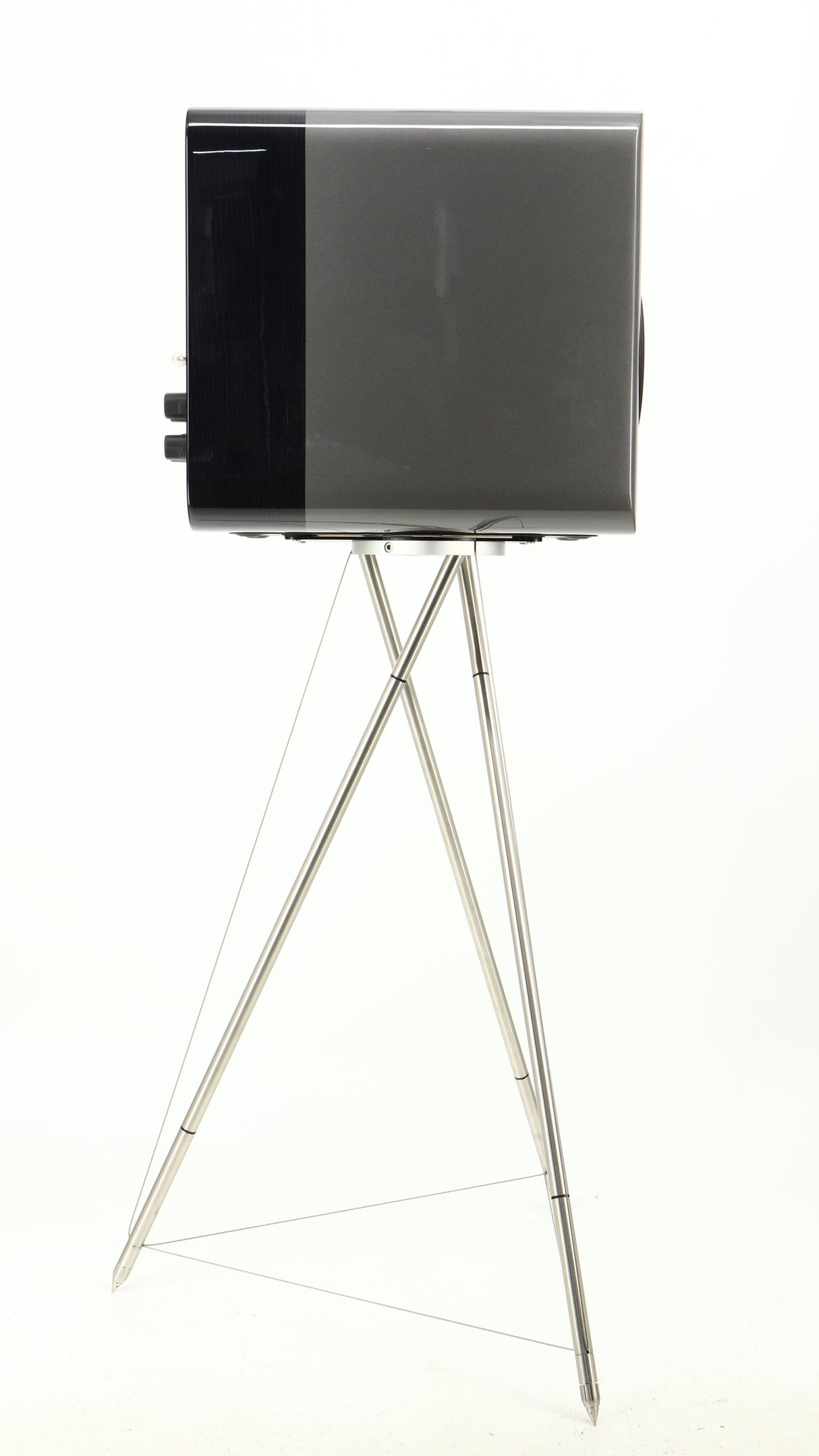 Left side view of a used Q Acoustics Concept 300 Standmount Speaker W/ Stand in a black finish