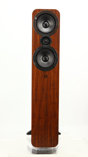 Front view of a used Q Acoustics 3050i Floorstanding Speakers in a walnut finish