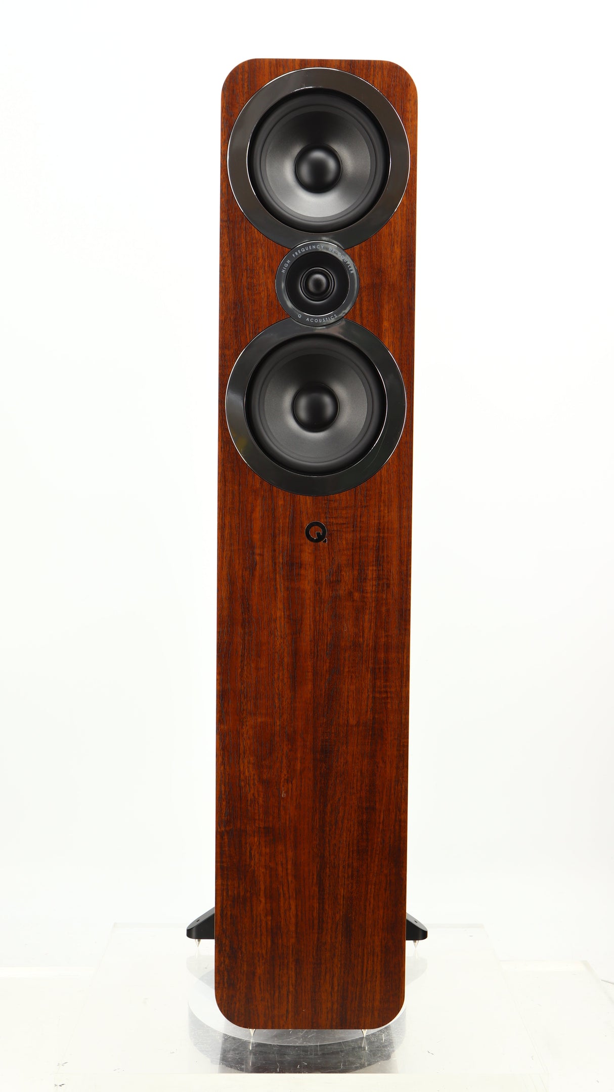 Front view of a used Q Acoustics 3050i Floorstanding Speakers in a walnut finish