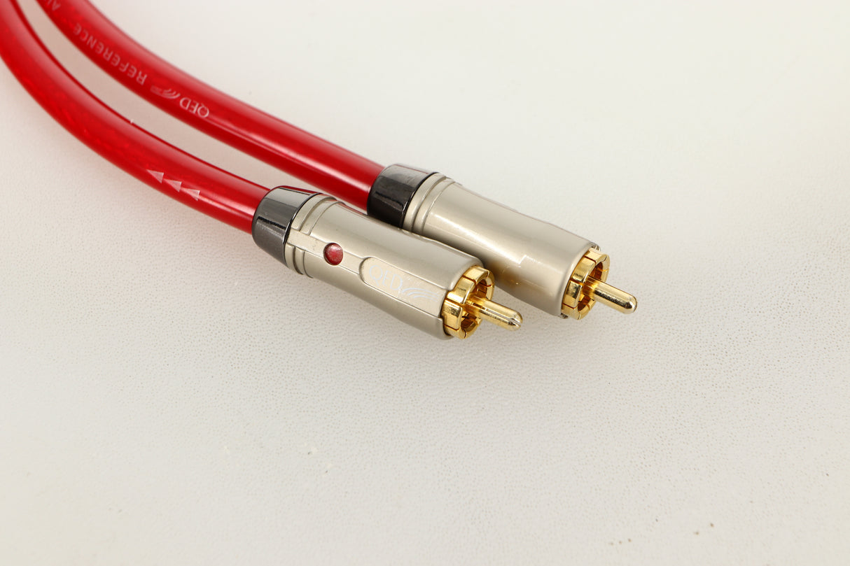 Close up view of a used pair of QED Reference Audio 1 RCA Interconnect 0.5m 