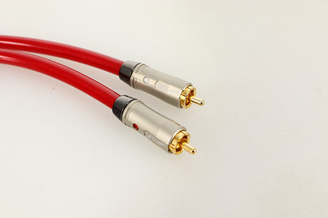 Close up view of a used pair of QED Reference Audio 1 RCA Interconnect 0.5m 