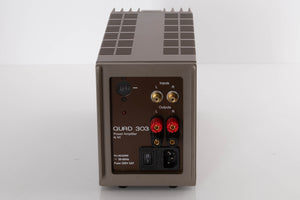 Rear view of a used Quad 303 Power Amplifier showing Mains Input, Phono Inputs and Speaker Outputs