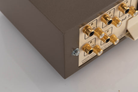 Rear right corner of a used Quad 33 Pre Amplifier (Modified)