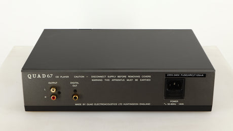 Rear view of a used Quad 67 CD Player showing Mains Input and Phono Outputs