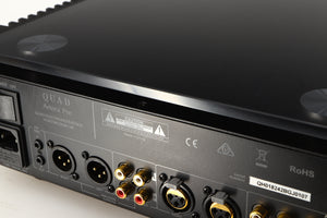 Close up of a used Quad Artera Pre Amplifier in a black finish showing some scratching on rear
