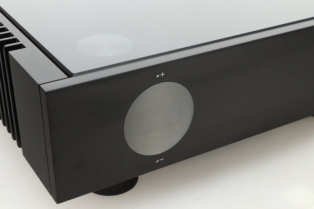 Close up of a used Quad Artera Pre Amplifier fascia showing the screen in black finish