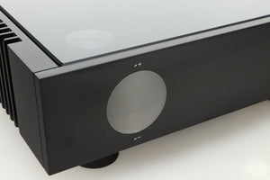 Close up of a used Quad Artera Pre Amplifier fascia showing the screen in black finish