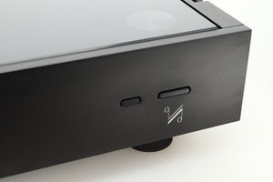 Close up of a used Quad Artera Pre Amplifier fascia showing the buttons in black finish