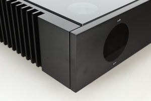 Close up of a used Quad Artera Pre Amplifier front left corner in black finish