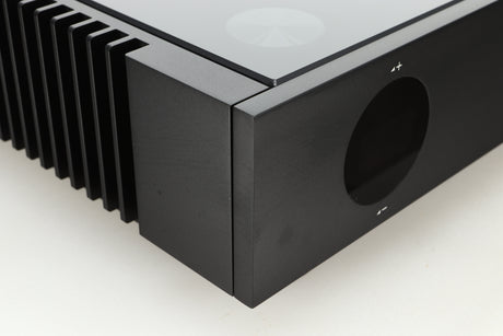 Close up of a used Quad Artera Pre Amplifier front left corner in black finish