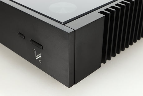 Close up of a used Quad Artera Pre Amplifier front right corner in black finish