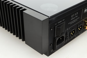 Close up of a used Quad Artera Pre Amplifier back left corner in black finish