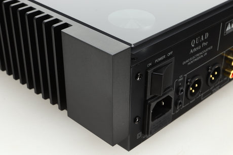 Close up of a used Quad Artera Pre Amplifier back left corner in black finish
