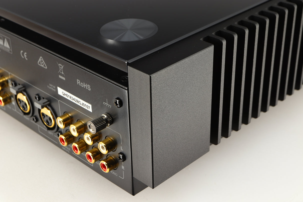 Rear left corner of a used Quad Artera Pre Amplifier in a black finish
