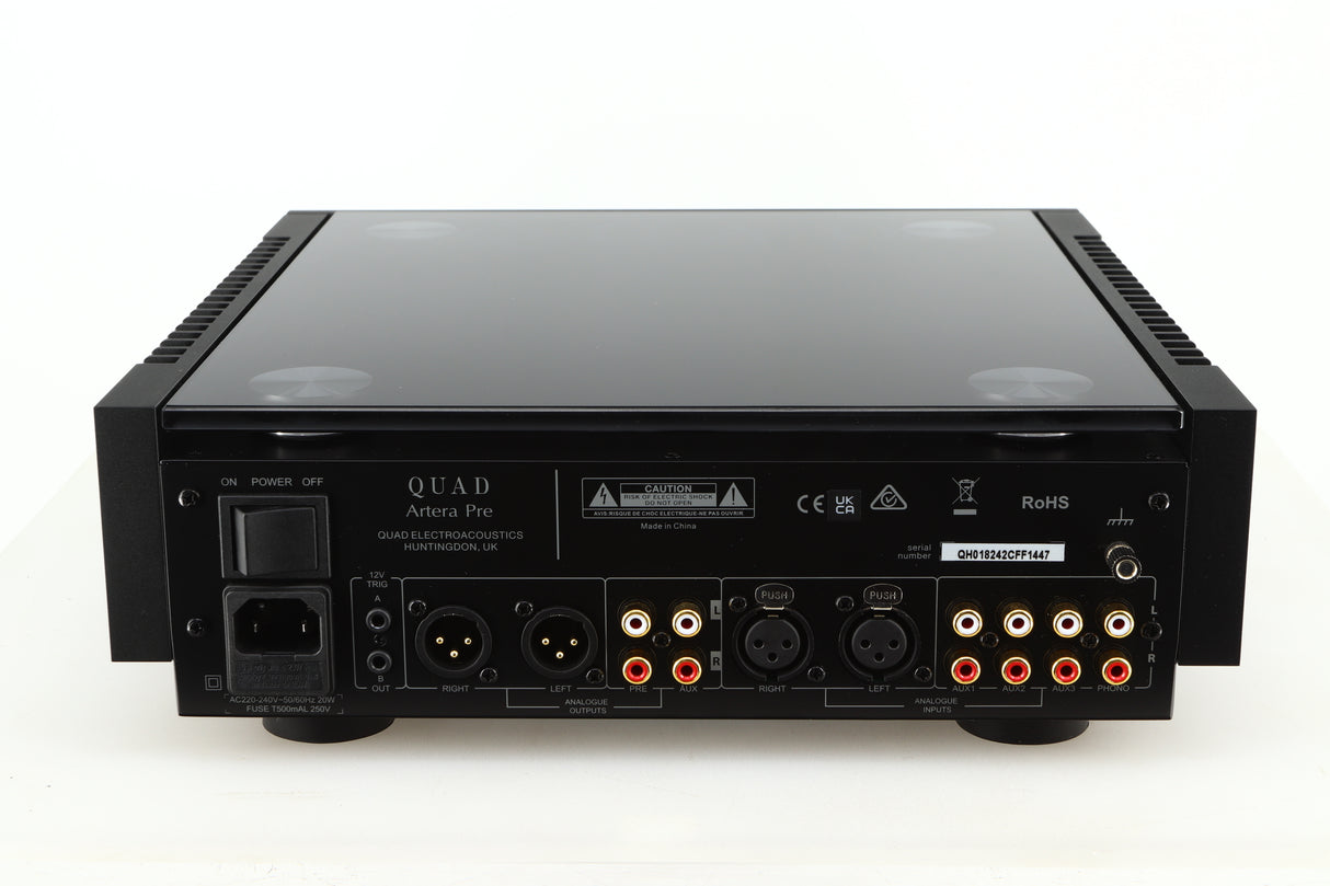 Back view of a used Quad Artera Pre Amplifier showing XLR and RCA inputs/outputs and power input