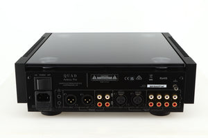 Back view of a used Quad Artera Pre Amplifier showing XLR and RCA inputs/outputs and power input