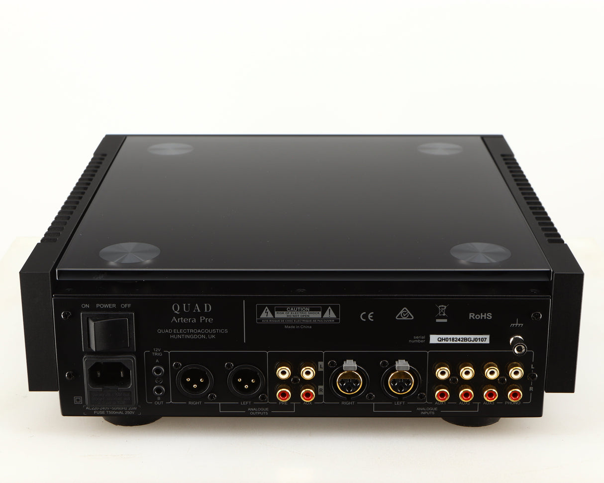 Rear view of a used Quad Artera Pre Amplifier in a black finish showing Mains Input, Phono Inputs, Phono Outputs, XLR Inputs and XLR Outputs