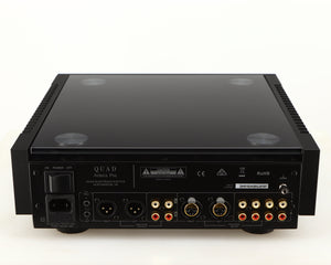 Rear view of a used Quad Artera Pre Amplifier in a black finish showing Mains Input, Phono Inputs, Phono Outputs, XLR Inputs and XLR Outputs